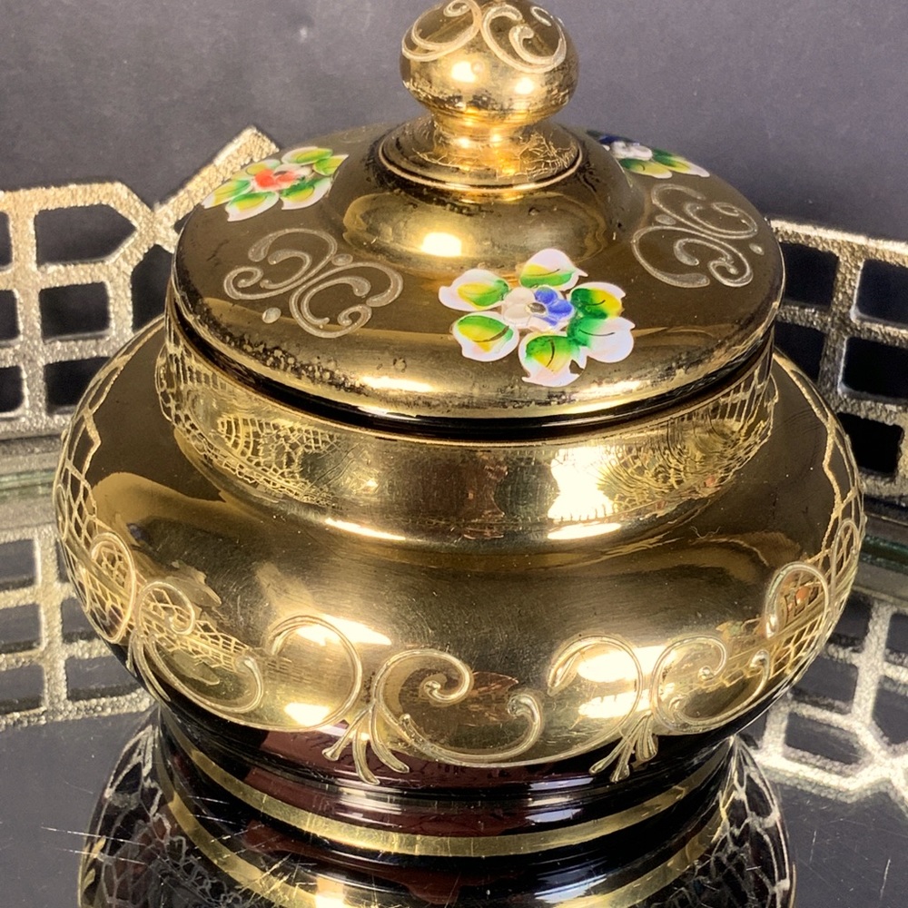 Czech Bohemian Powder Jar Purple Gold Gilt Art Glass Box Flowers Elegant #A23 - Picture 1 of 10